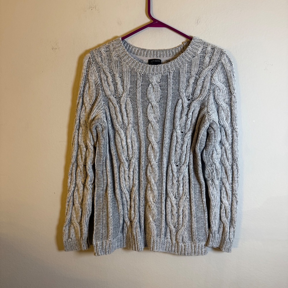 J. Jill Wearever Grey Cable Knit Sweater Womens Small Petite Cotton Pullover